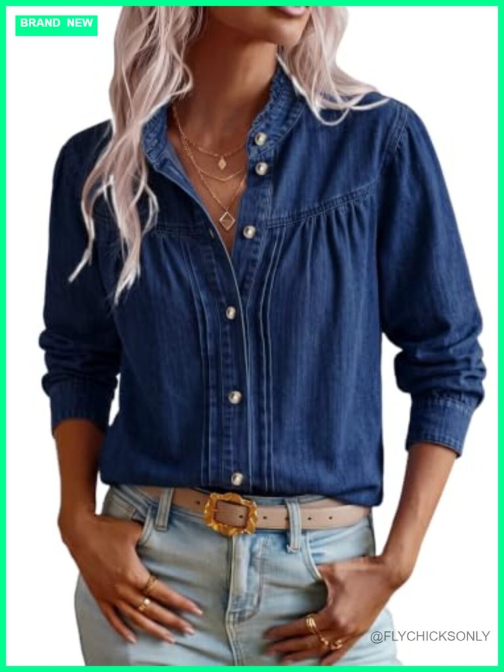 Oversized Denim Button Down Shirt Long Sleeve Ruffle Jean Blouse